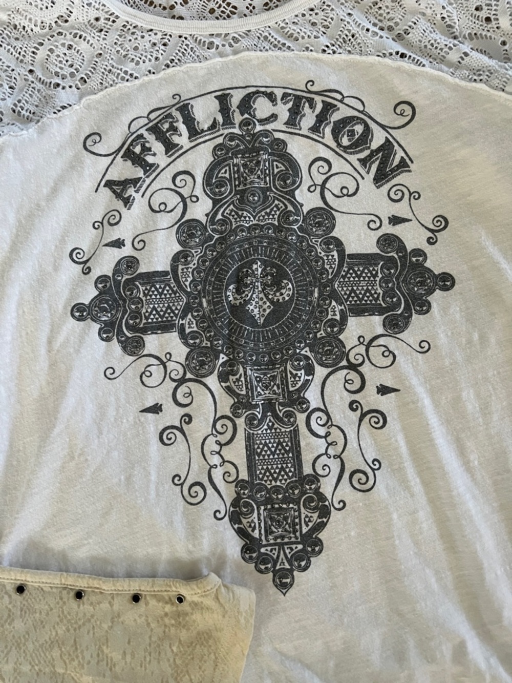 Affliction Women's Cross Graphic Stud Tee - White & Cream - Picture 3 of 6